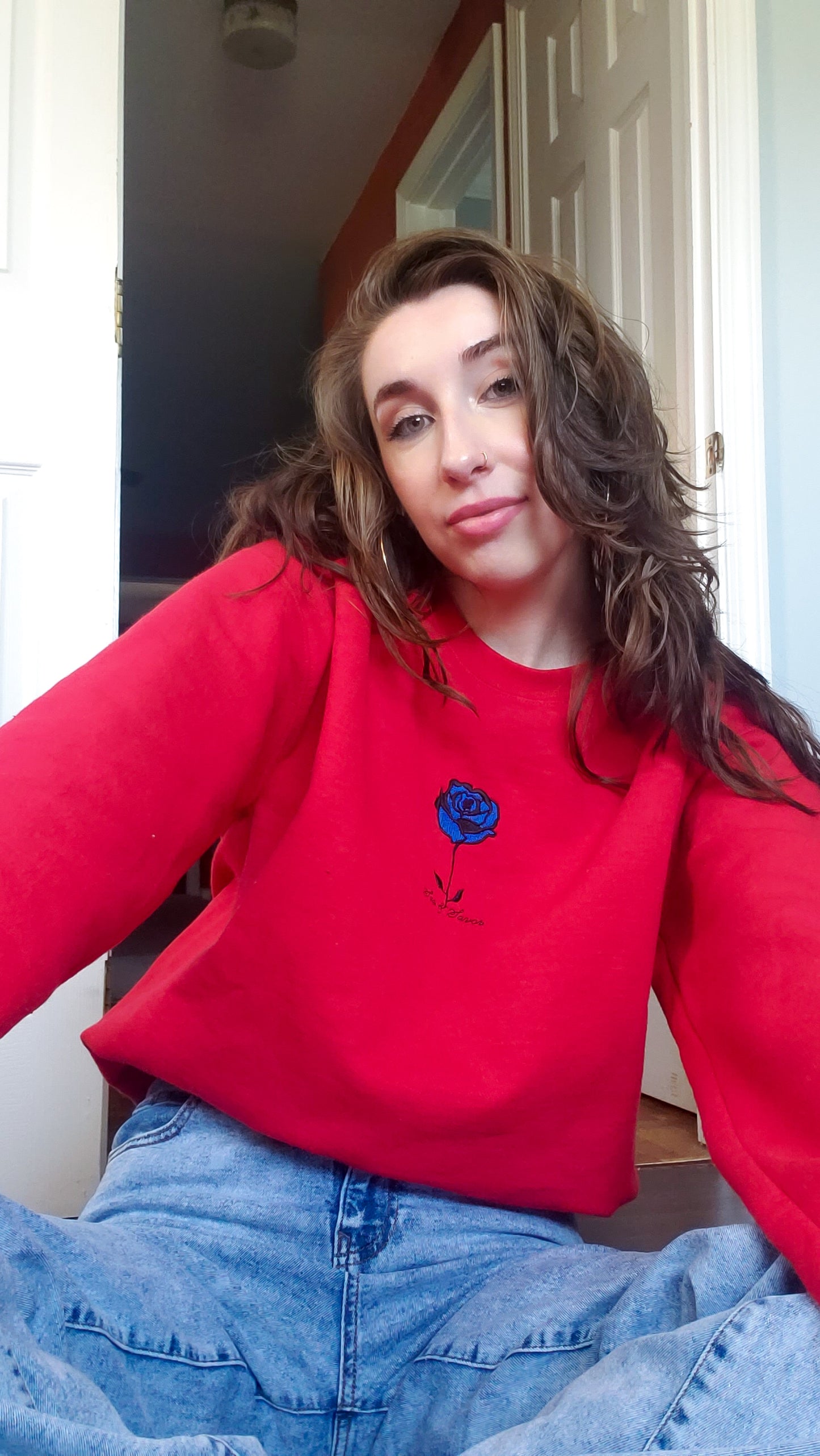 Blue Embroidered Rose Sweatshirt (Unisex)