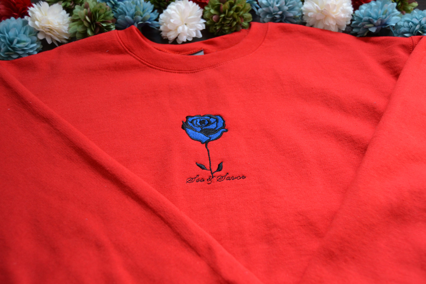 Blue Embroidered Rose Sweatshirt (Unisex)