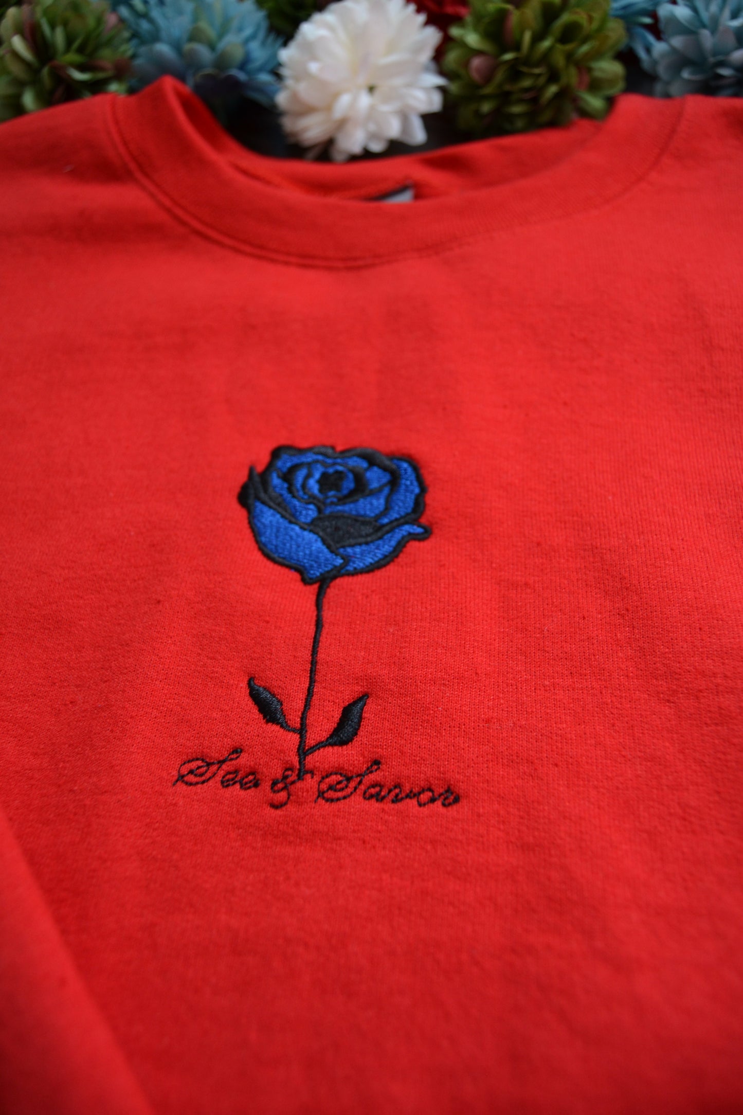 Blue Embroidered Rose Sweatshirt (Unisex)